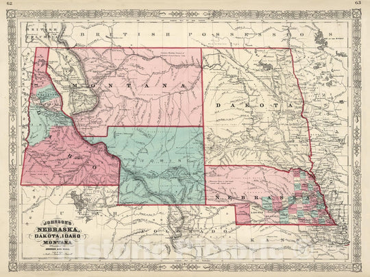 Historic Map : Johnson Map of Montana, Wyoming, Idaho, Nebraska and Dakota, 1866, Vintage Wall Art