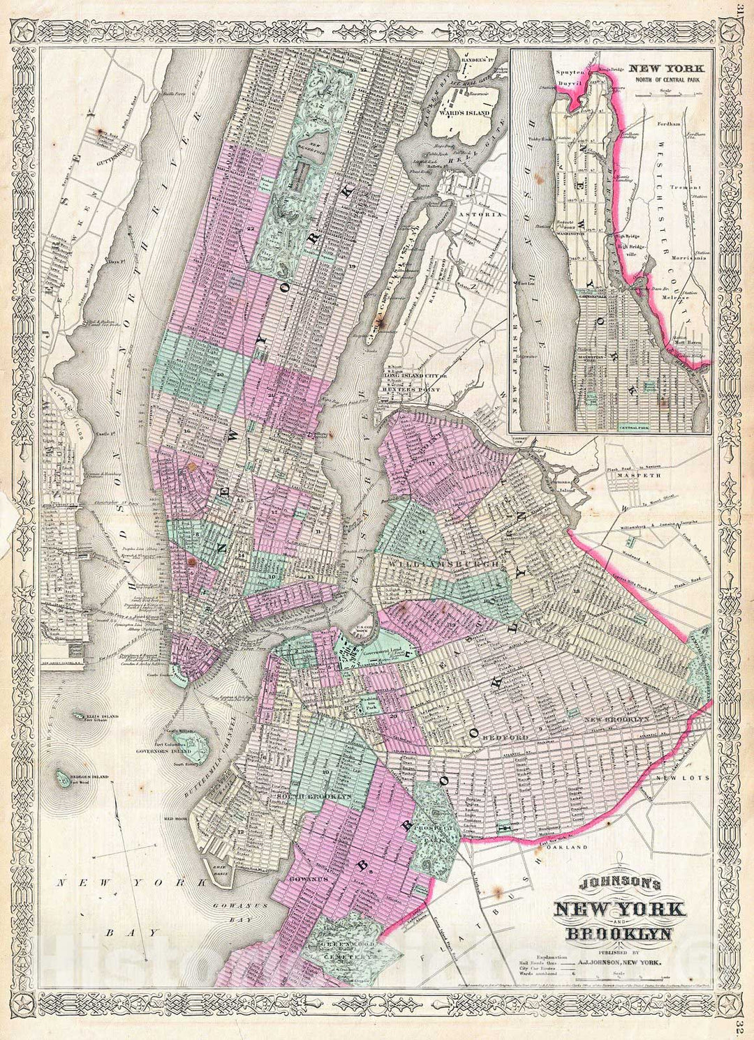 Historic Map : Johnson Map of New York City and Brooklyn, Version 4, 1866, Vintage Wall Art