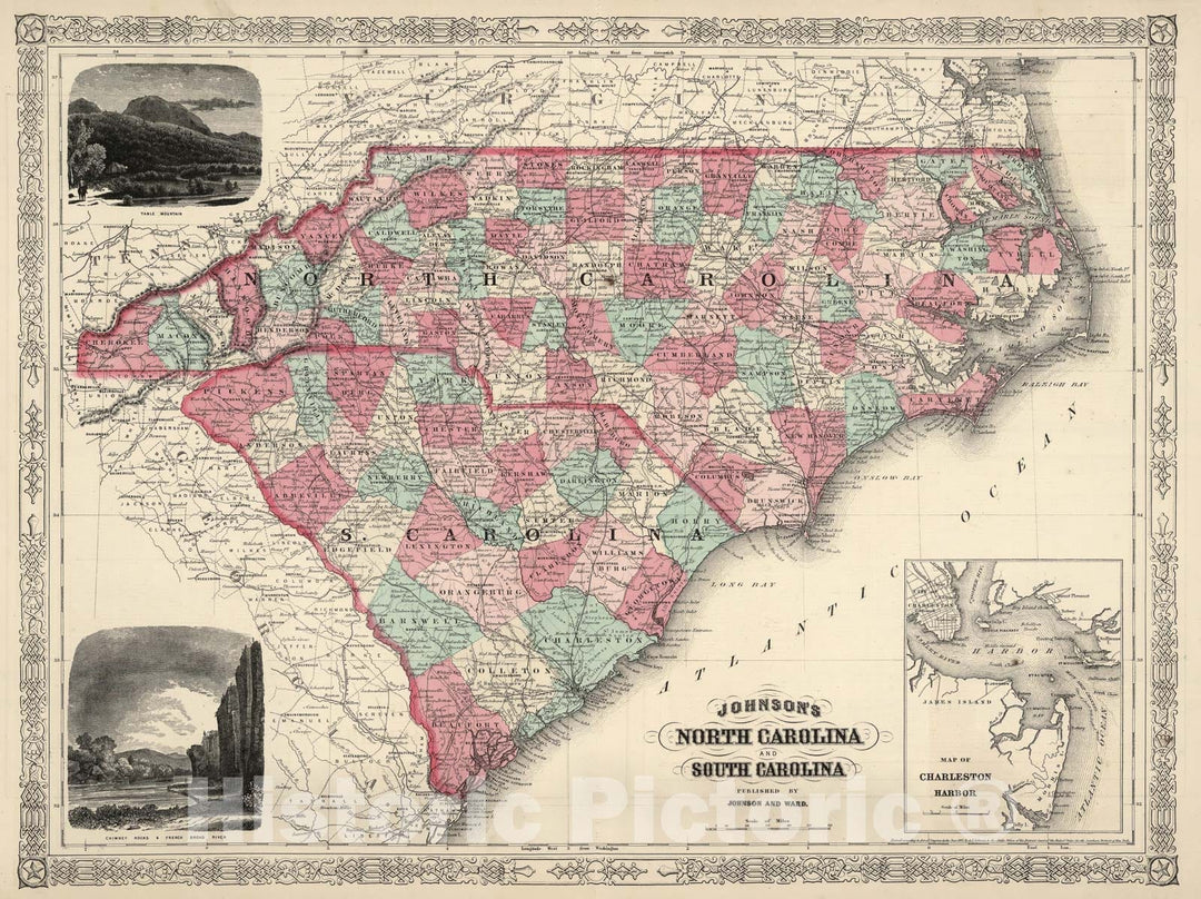 Historic Map : Johnson Map of North Carolina and South Carolina, Version 3, 1866, Vintage Wall Art