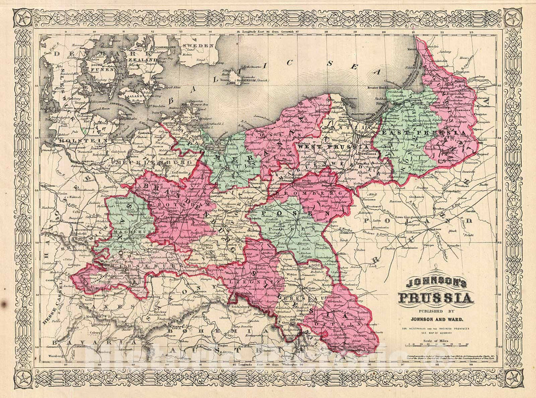 Historic Map : Johnson Map of Prussia, Germany, 1866, Vintage Wall Art