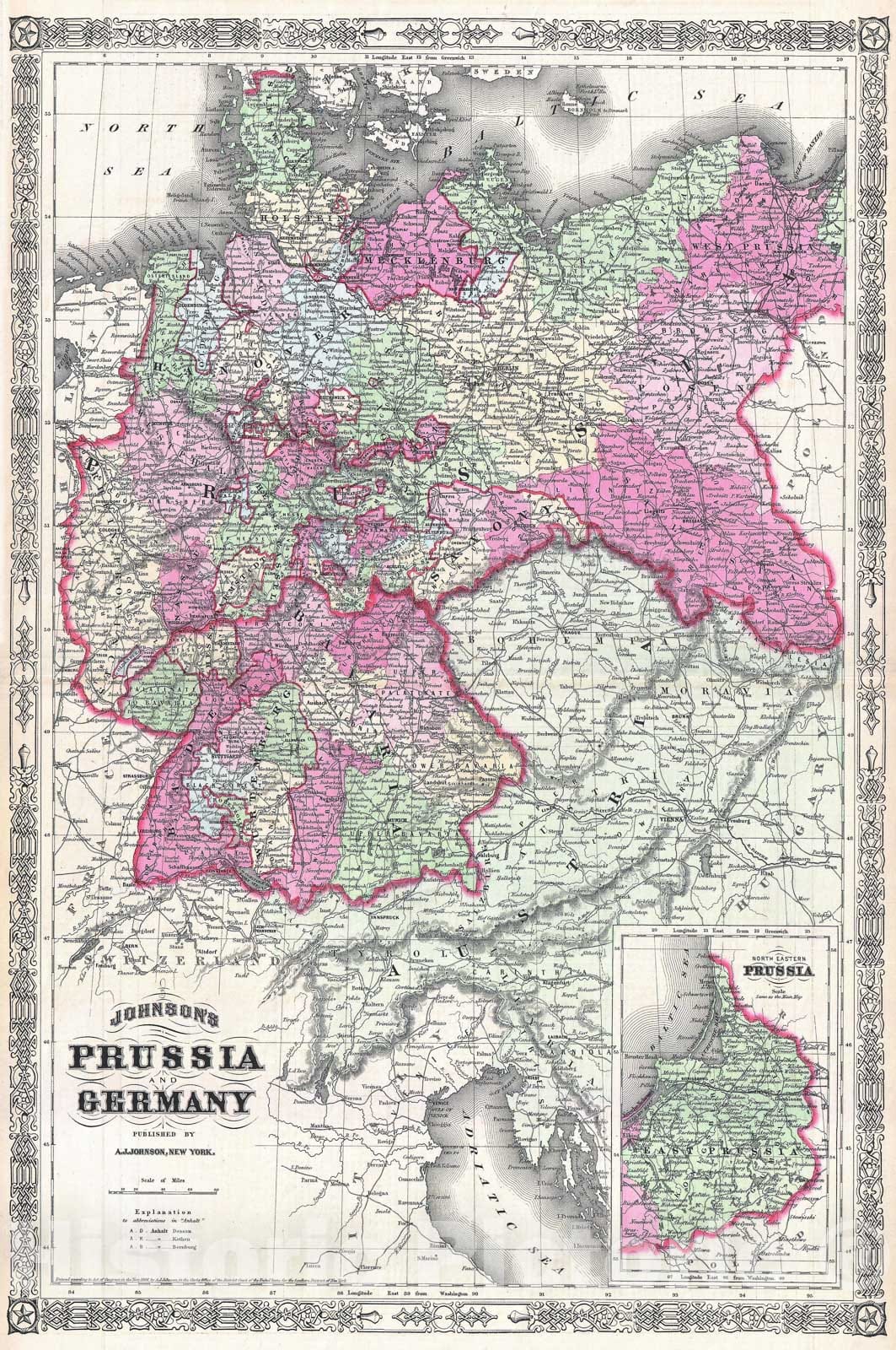 Historic Map : Johnson Map of Prussia and Germany, 1866, Vintage Wall Art