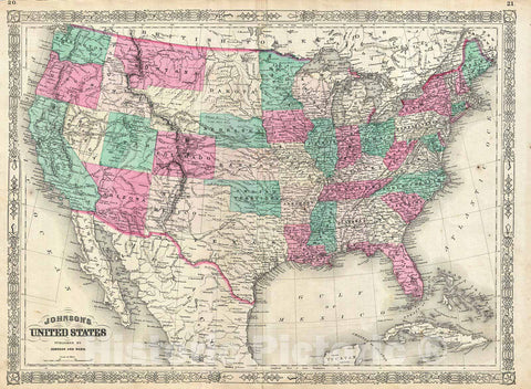 Historic Map : Johnson Map of The United States, 1866, Vintage Wall Art
