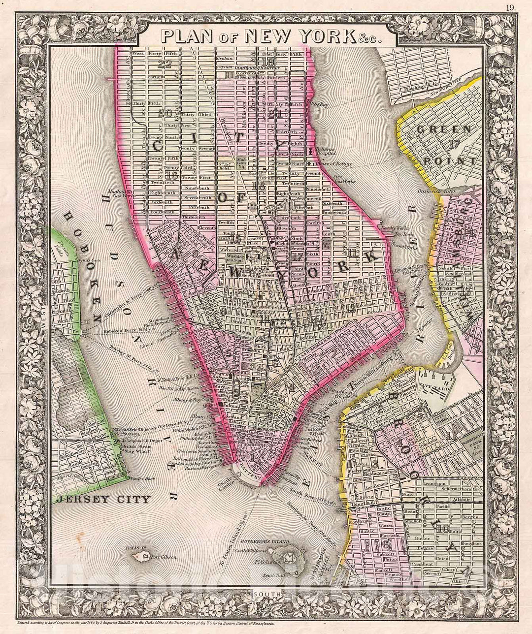 Historic Map : Mitchell Map of New York City and Brooklyn , 1866, Vintage Wall Art