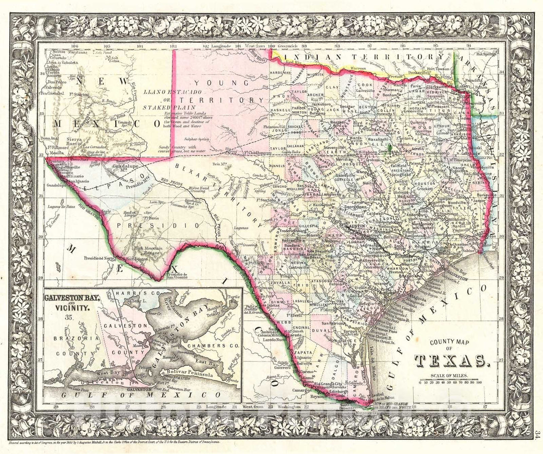 Historic Map : Mitchell Map of Texas, 1866, Vintage Wall Art