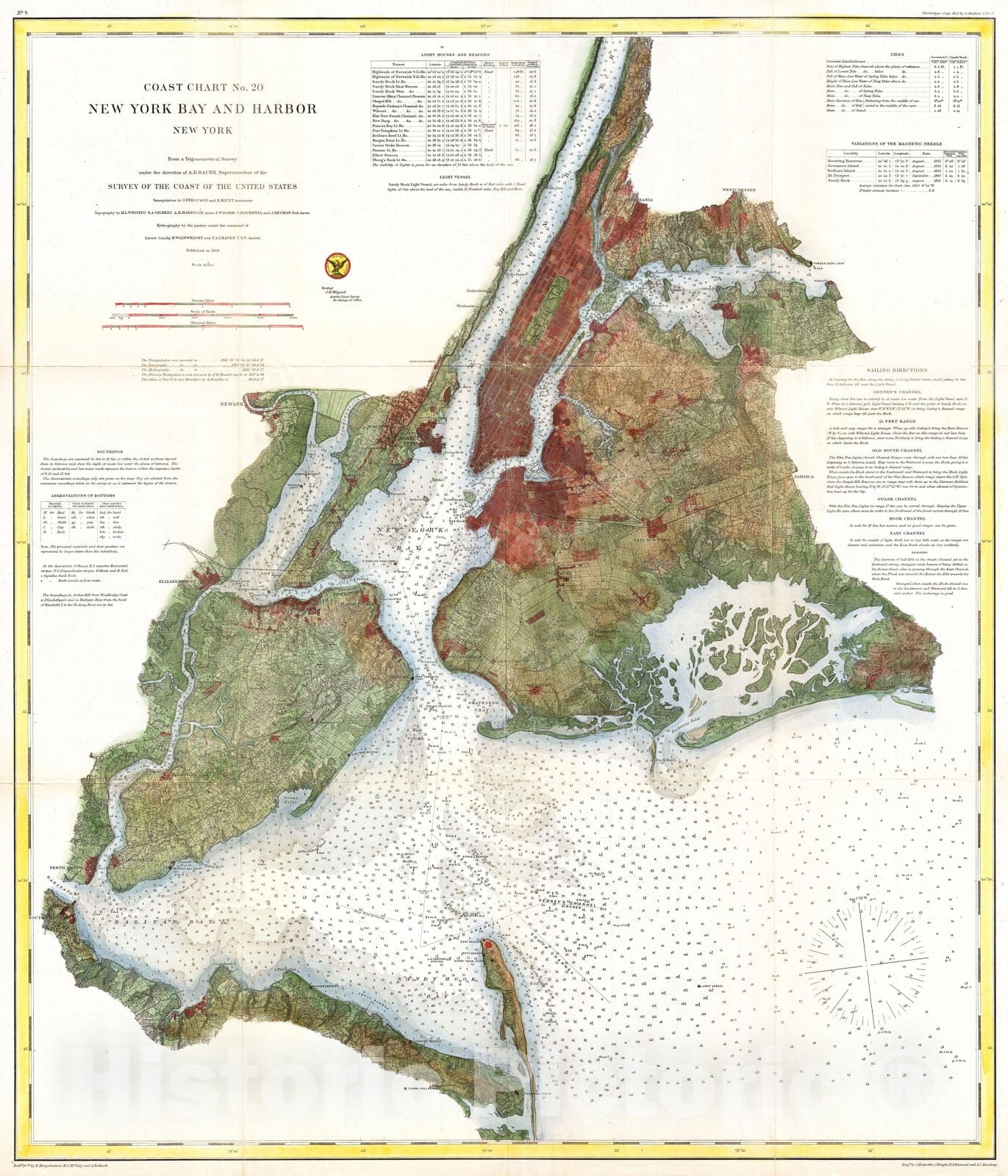 Historic Map : U.S. Coast Survey Nautical Chart of Map of New York City and Harbor, 1866, Vintage Wall Art