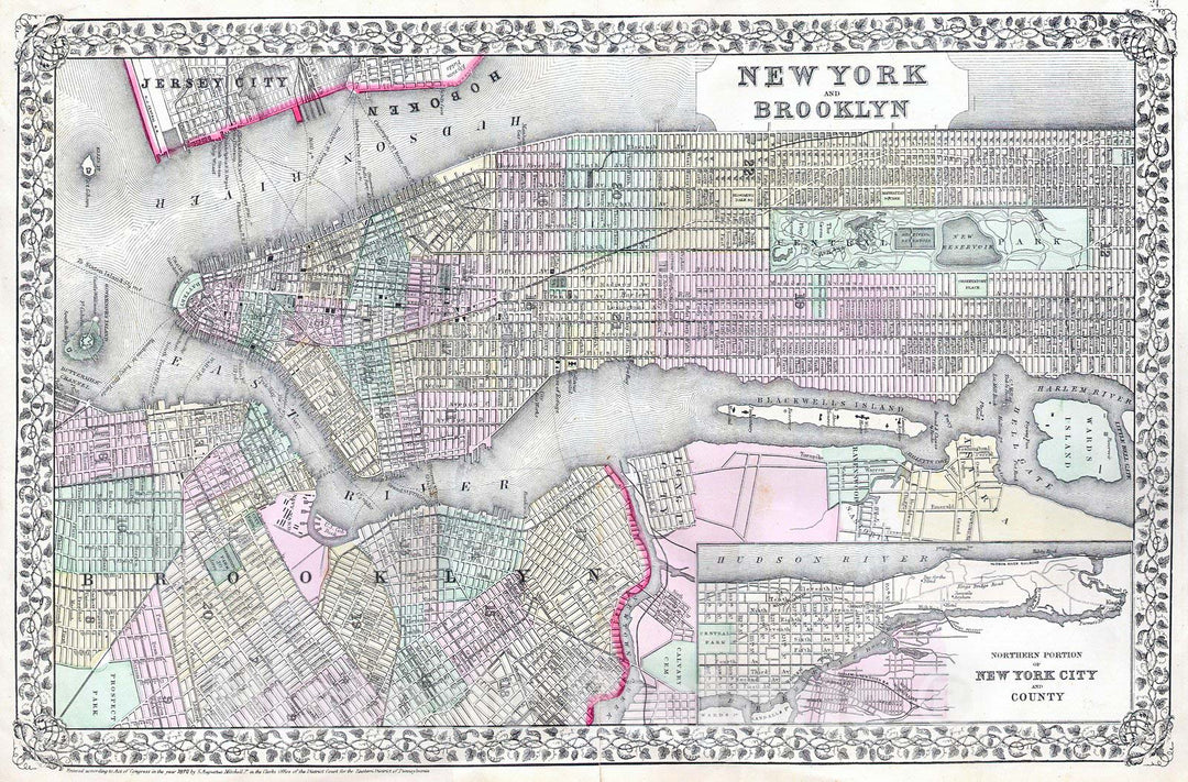 Historic Map : Mitchell Map of New York City, New York, Version 2, 1867, Vintage Wall Art