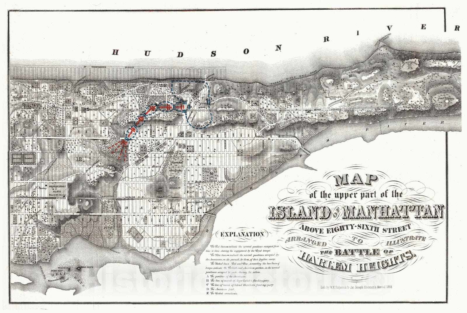 Historic Map : Rogers Map of Manhattan, New York City (North of 86th St), 1868, Vintage Wall Art