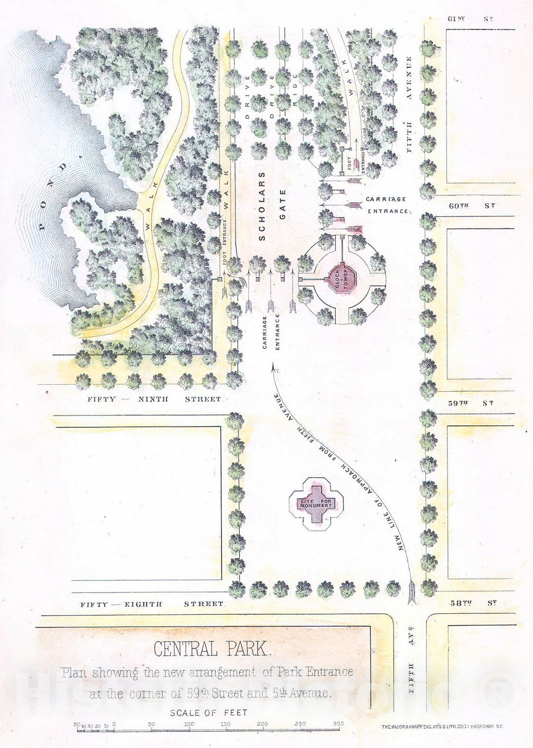 Historic Map : Knapp Map of The Southeast Corner of Central Park (Grand Army Plaza) New York City, 1869, Vintage Wall Art