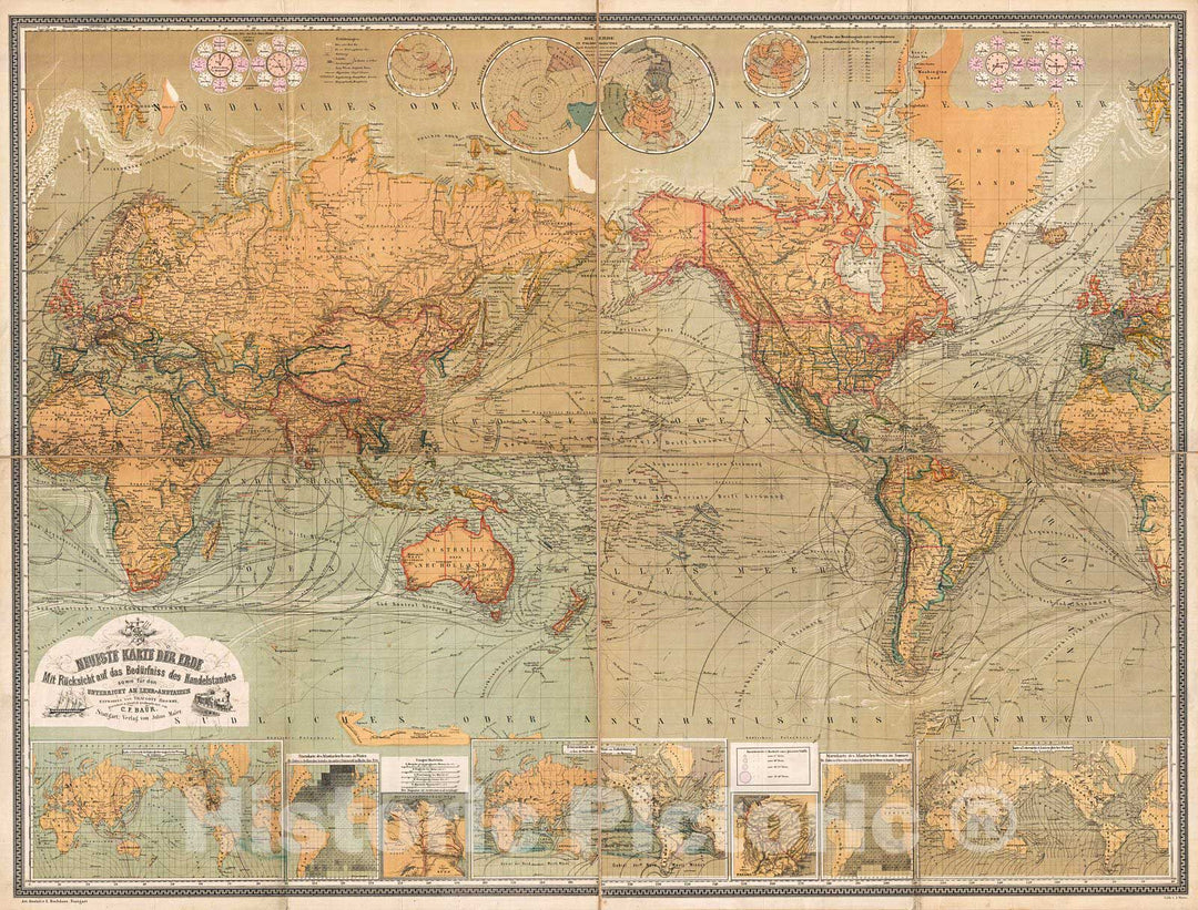 Historic Map : Baur and Bromme Map of The World on Mercator Projection, 1870, Vintage Wall Art