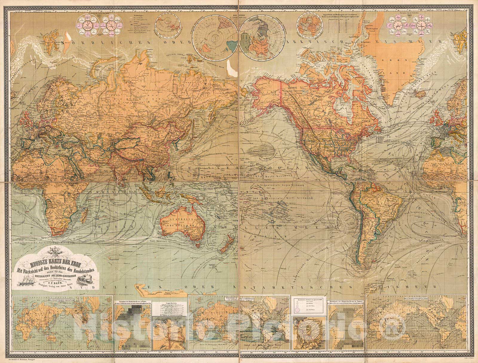 Historic Map : Baur and Bromme Map of The World on Mercator Projection, 1870, Vintage Wall Art