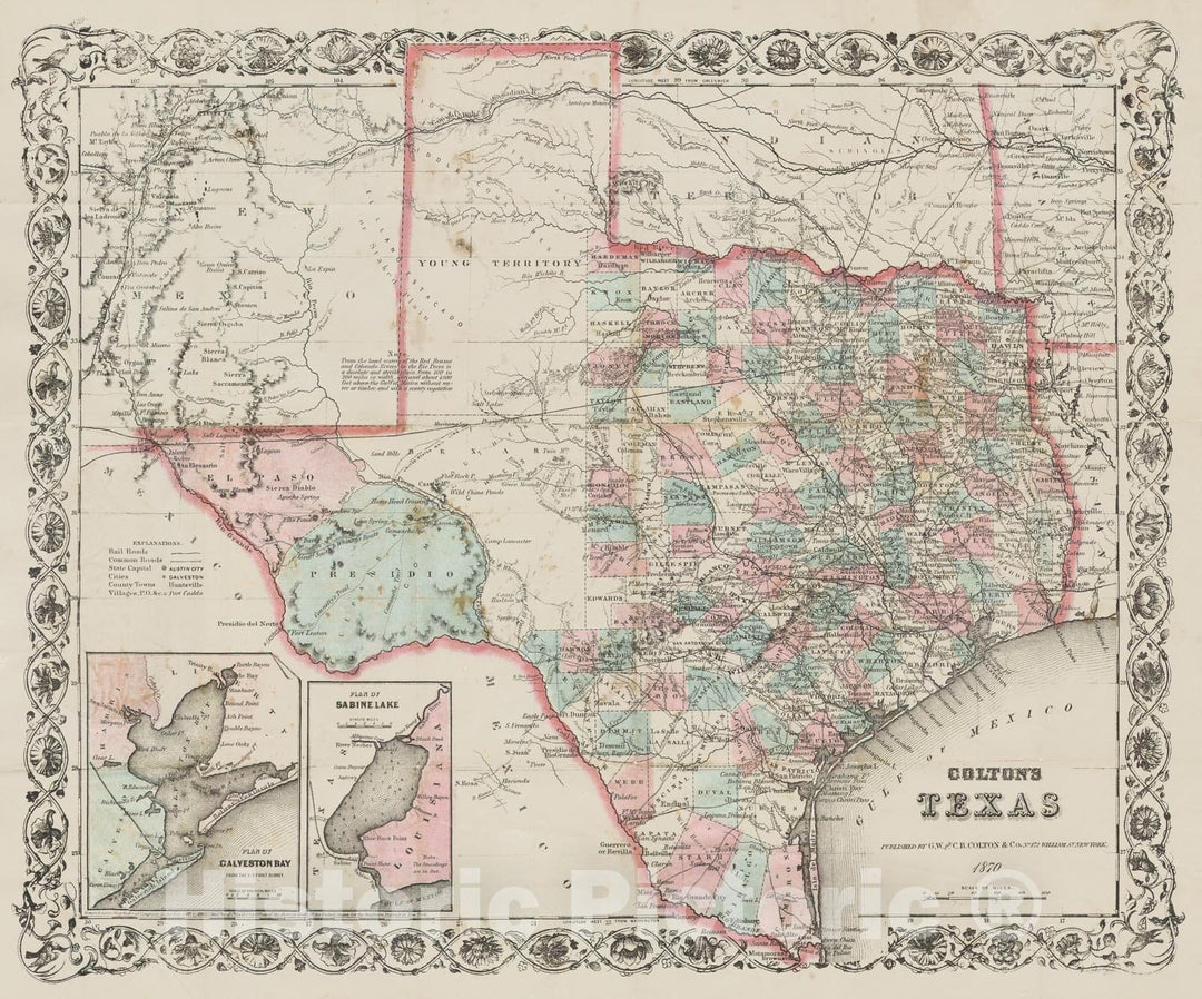 Historic Map : Colton Pocket Map of Texas , 1870, Vintage Wall Art