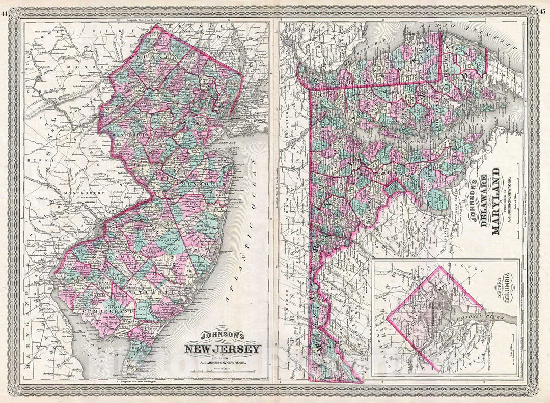 Historic Map : Johnson Map of New Jersey, Maryland and Delaware, 1870, Vintage Wall Art