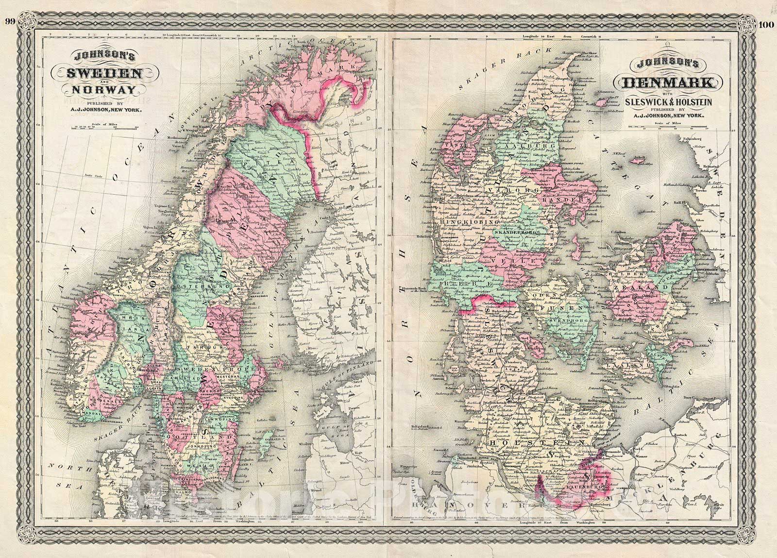 Historic Map : Johnson Map of Sweden, Norway and Denmark, Version 2, 1870, Vintage Wall Art