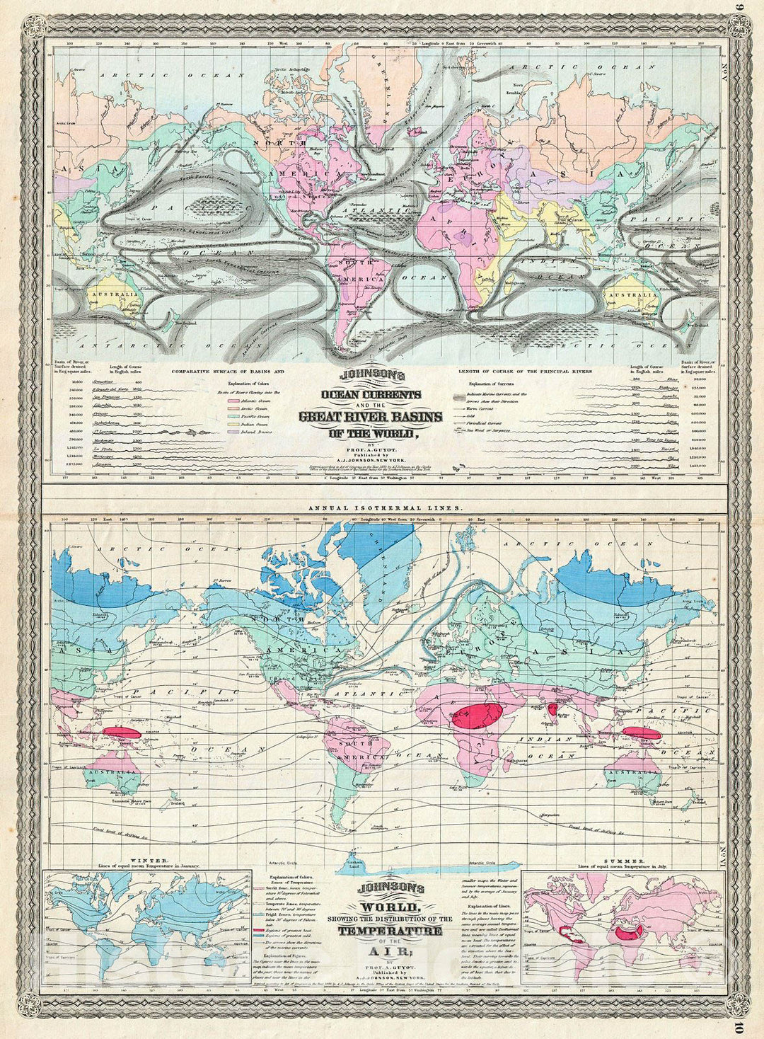 Historic Map : Johnson Map of The World Showing Temperature and Ocean Currents , 1870, Vintage Wall Art