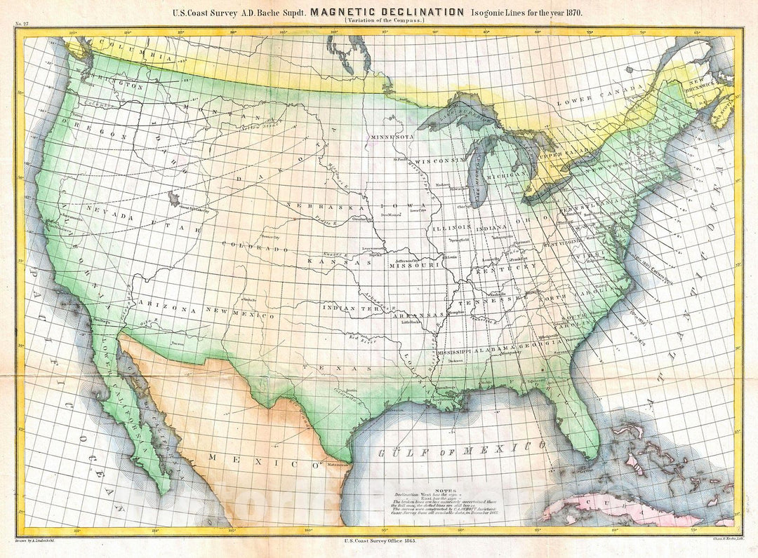 Historic Map : U.S. Coast Survey Map Showing Magnetic Declination in The United States, 1870, Vintage Wall Art