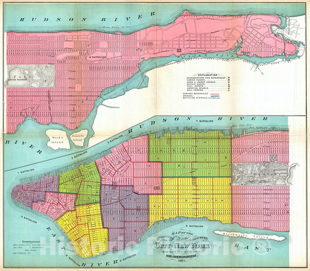 Historic Map : Hardy Map of New York City Fire Departments , 1871, Vintage Wall Art