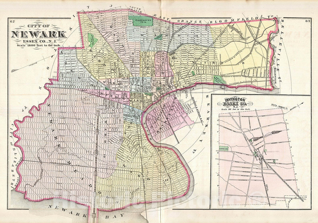 Historic Map : Beers Map of Newark, New Jersey, 1872, Vintage Wall Art