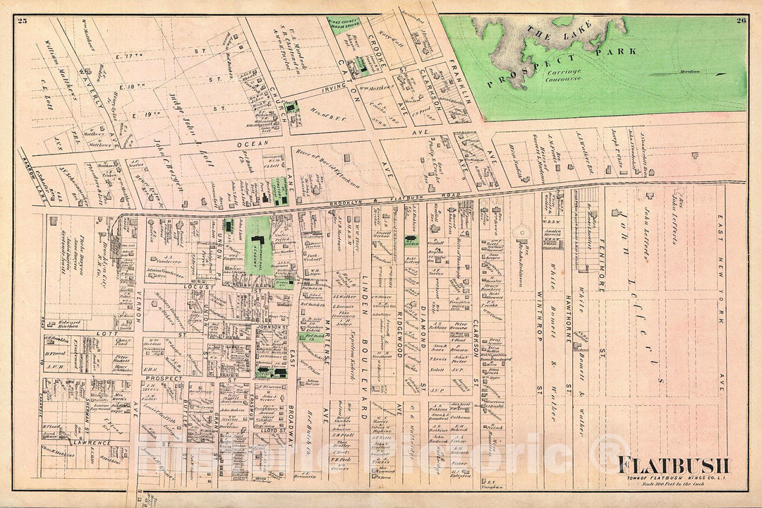 Historic Map : Beers Map of Flabush Area of Brooklyn, New York City, Including Prospect Park, 1873, Vintage Wall Art