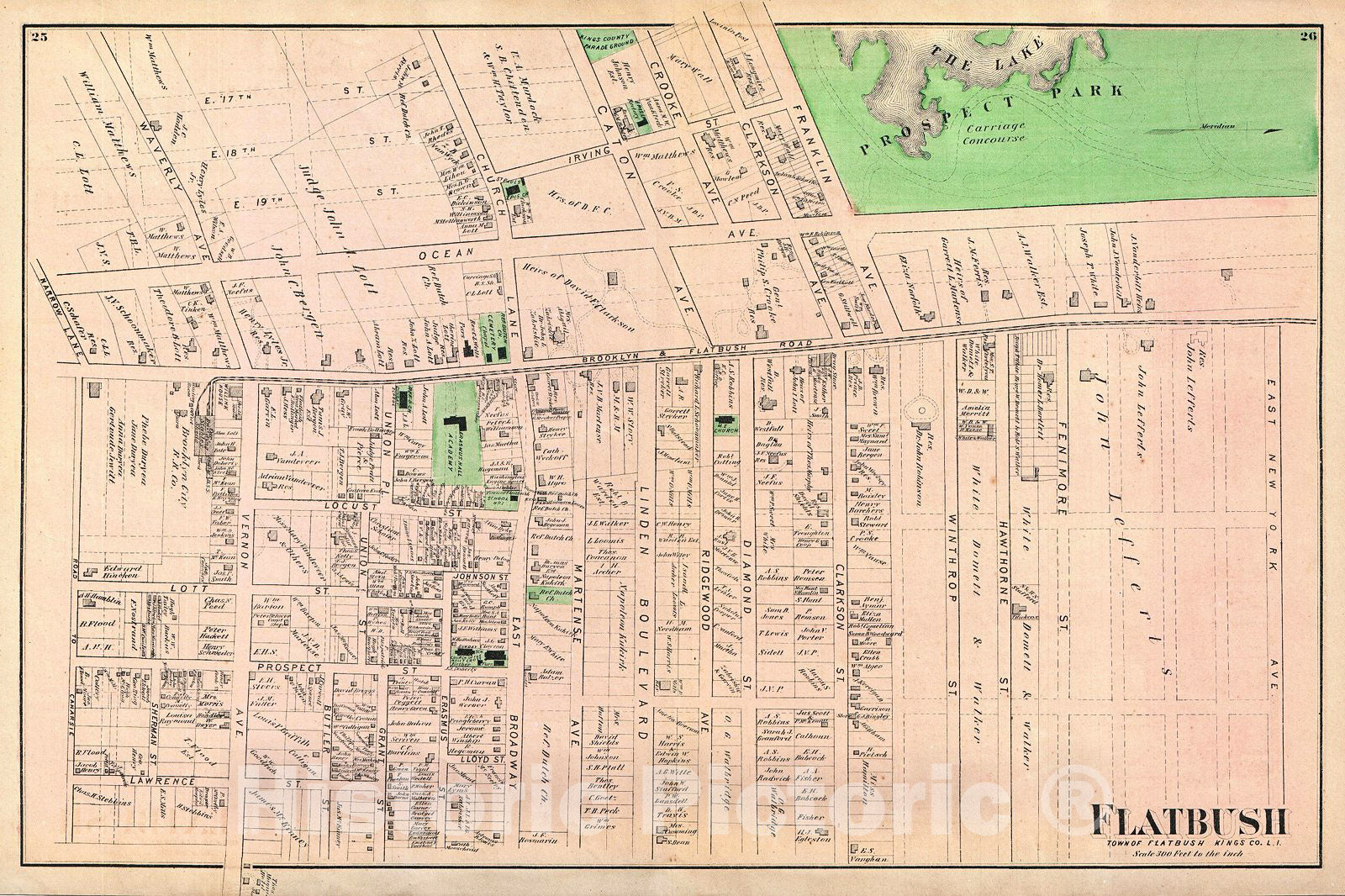 Historic Map : Beers Map of Flabush Area of Brooklyn, New York City, Including Prospect Park, 1873, Vintage Wall Art