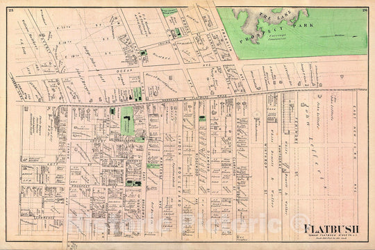 Historic Map : Beers Map of Flabush Area of Brooklyn, New York City, Including Prospect Park, 1873, Vintage Wall Art