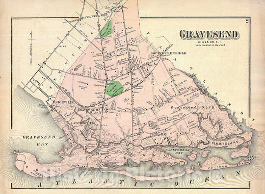 Historic Map : Beers Map of Gravesend, Brooklyn, New York City, Includes Coney Island, 1873, Vintage Wall Art