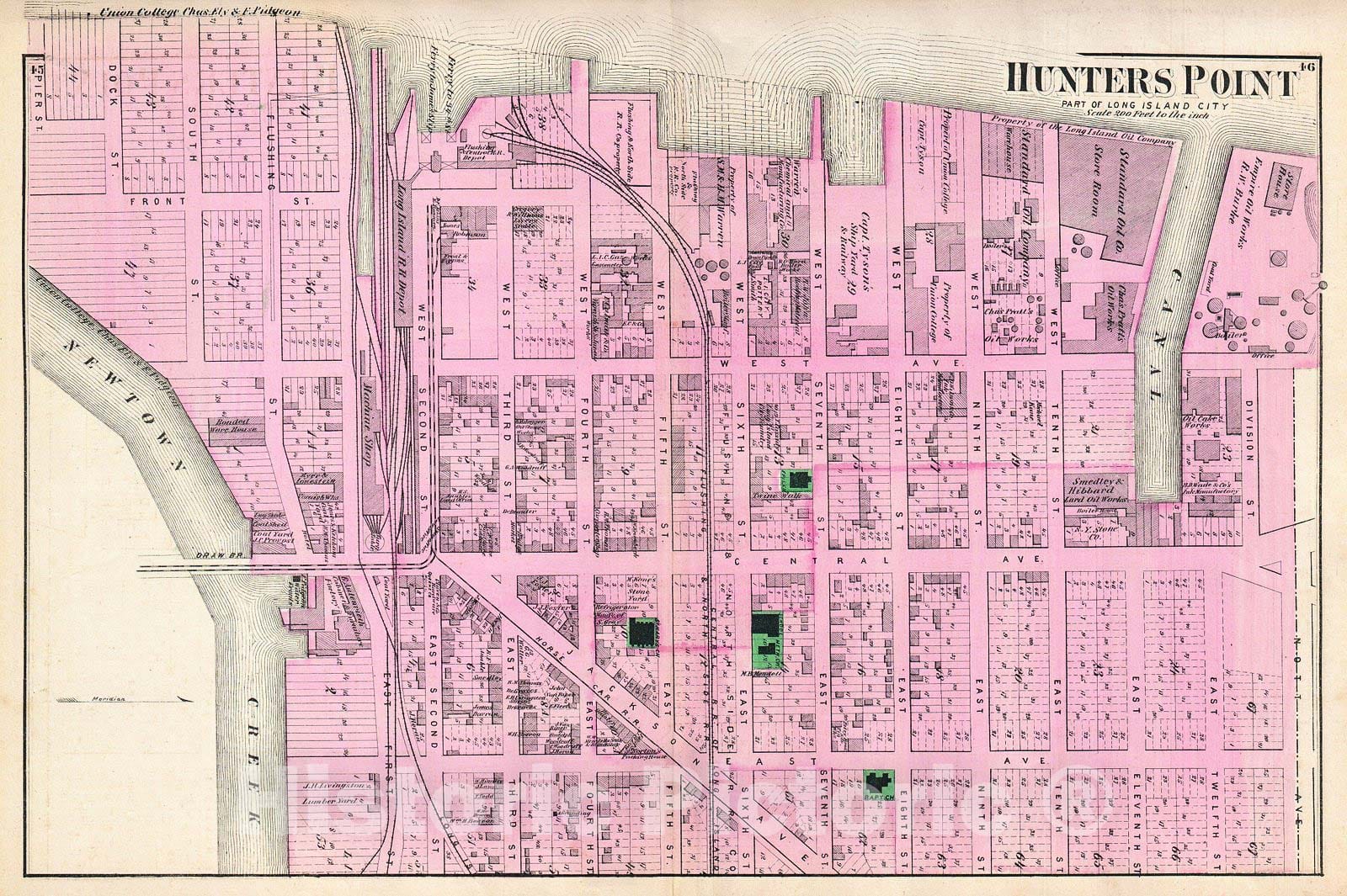 Historic Map : Beers Map of Hunters Point (Long Island City), Queens, New York, 1873, Vintage Wall Art