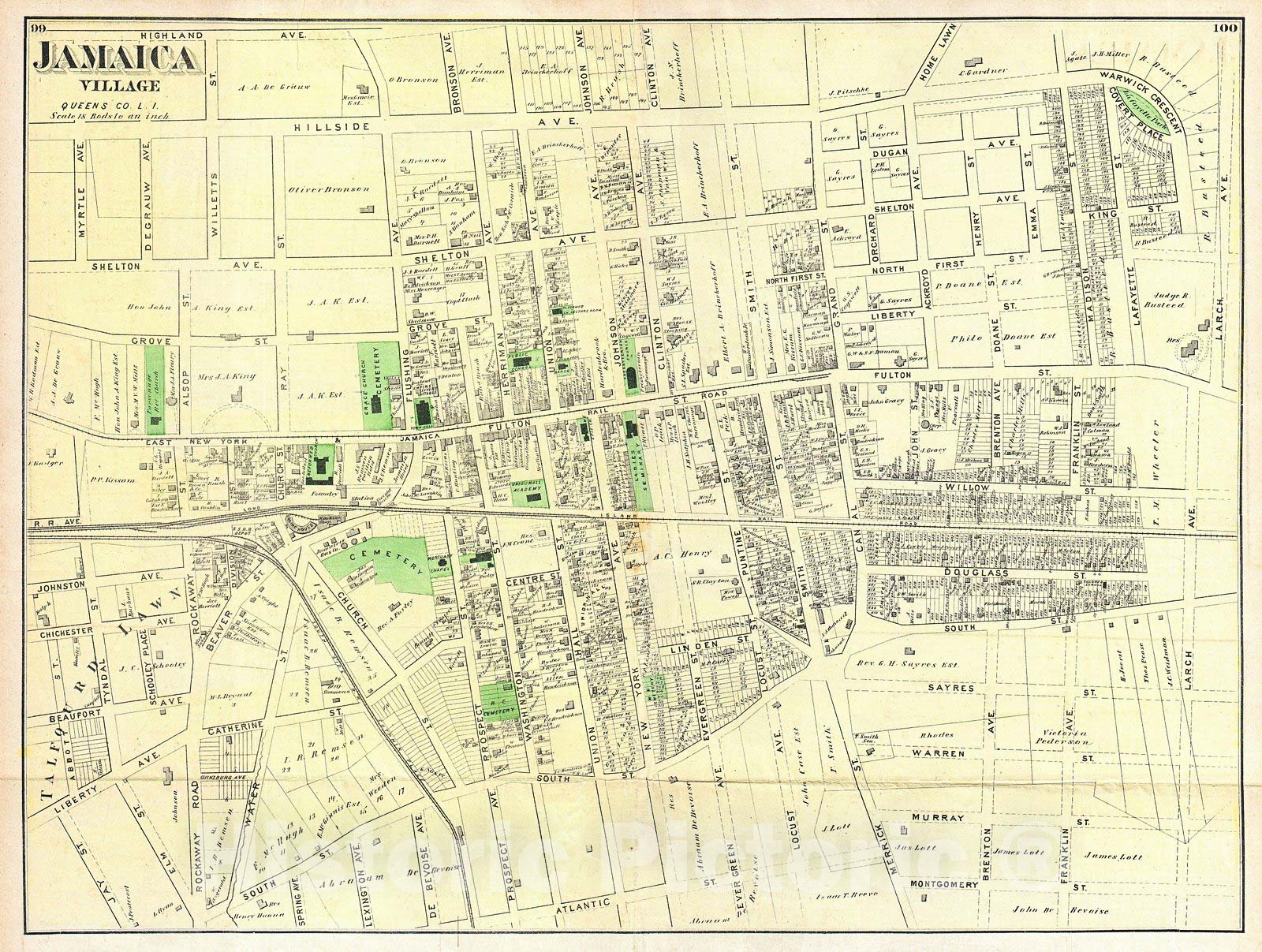 Historic Map : Beers Map of Jamaica Village, Queens, New York City, 1873, Vintage Wall Art