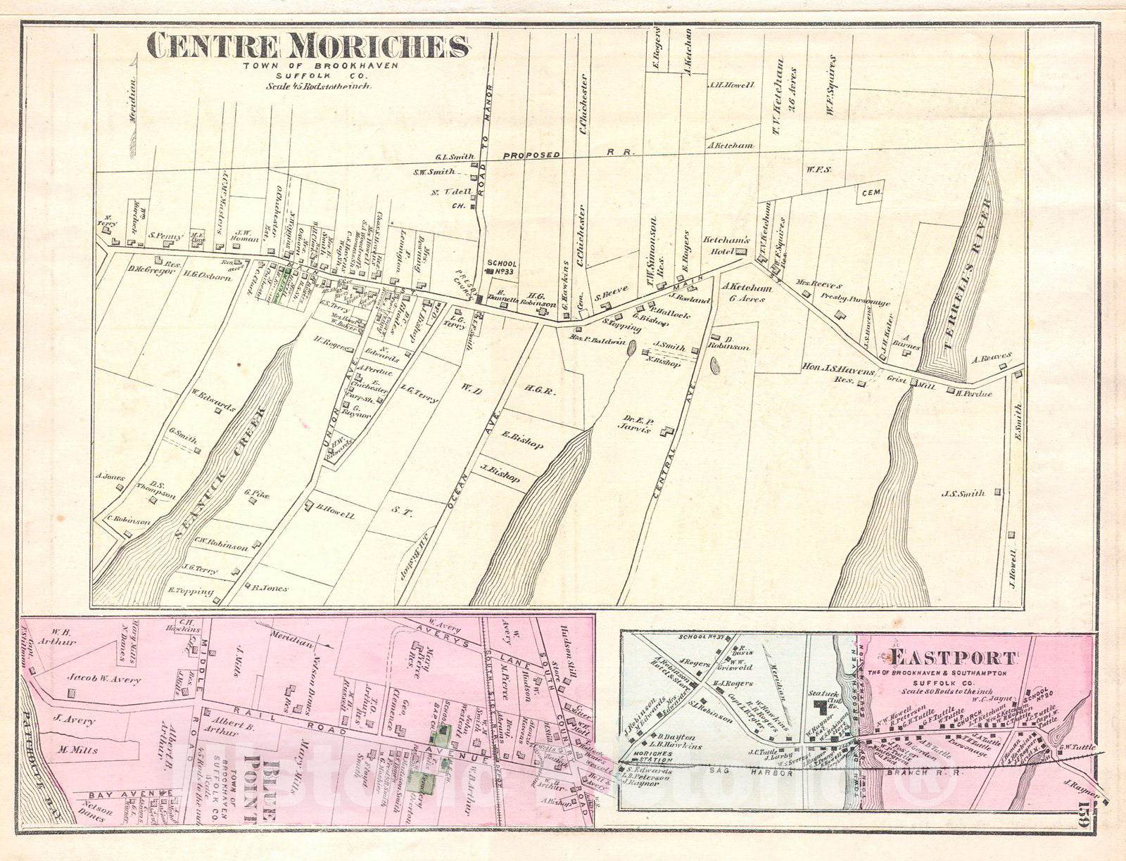 Historic Map : Beers Map of Moriches, Eastport and Southampton, Long Island, New York, 1873, Vintage Wall Art