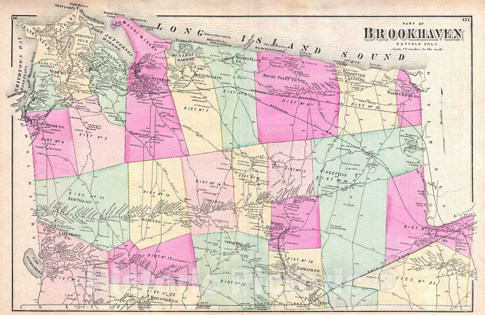 Historic Map : Beers Map of Northern Brookhaven, Long Island, New York, 1873, Vintage Wall Art