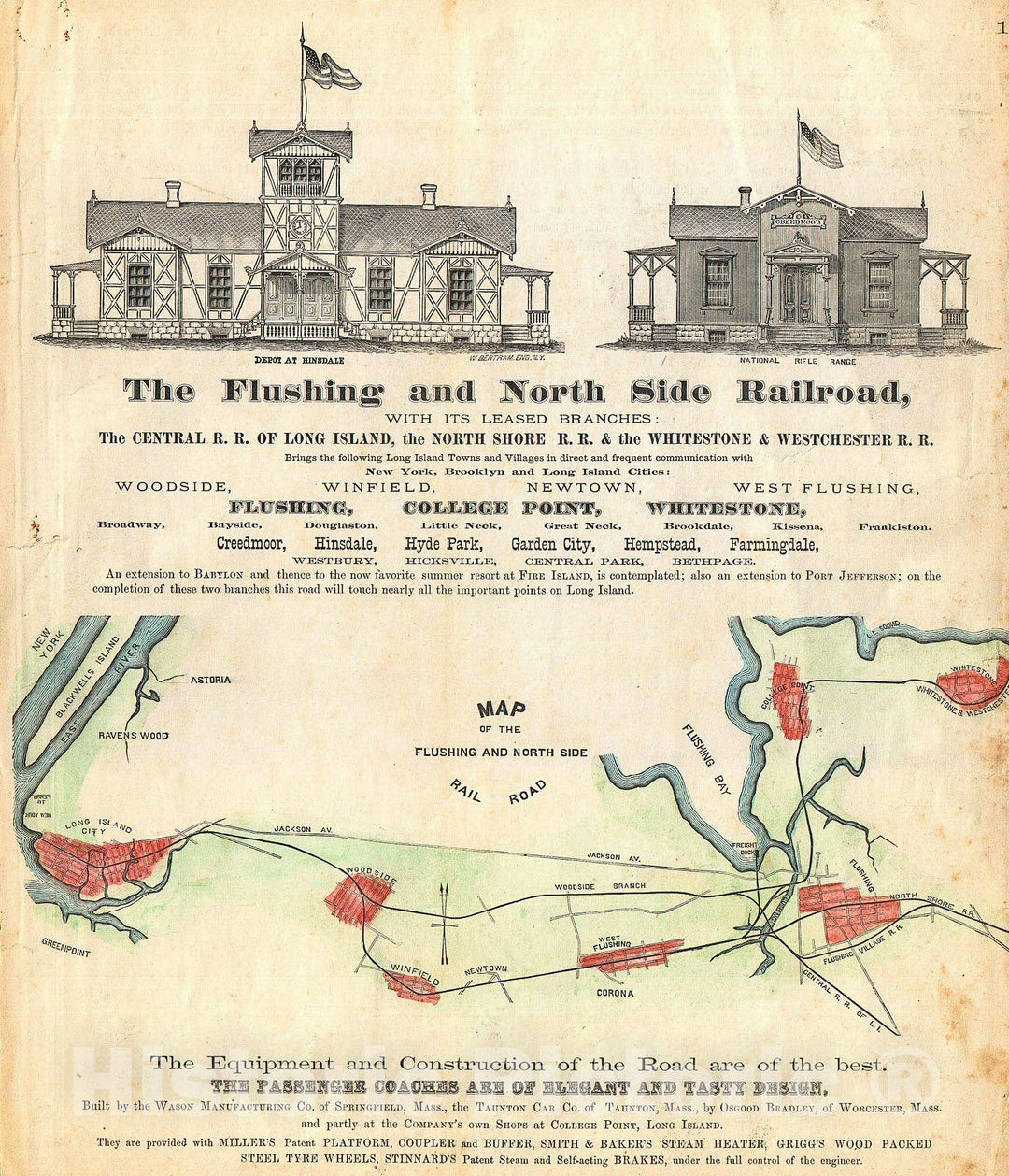 Historic Map : Beers Map of The Flushing Railroad, Long Island, Queens, New York , 1873, Vintage Wall Art