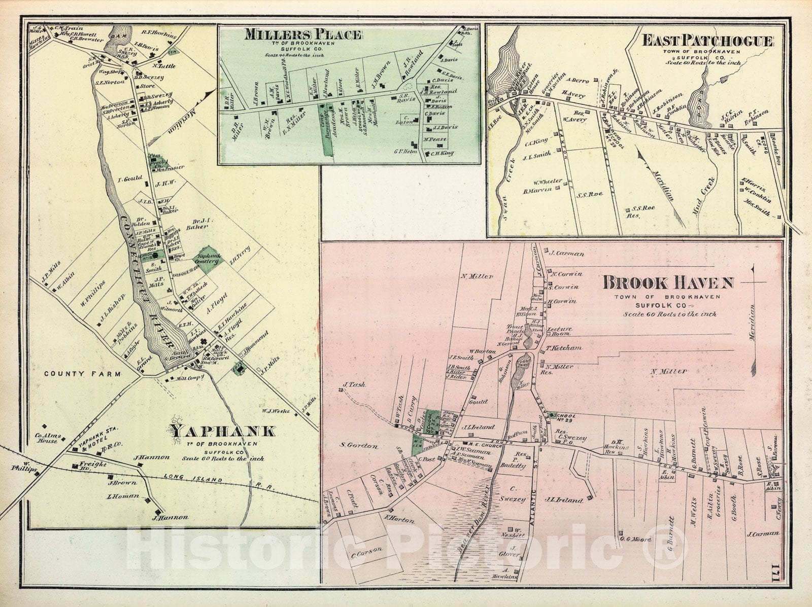 Historic Map : Beers Map of Yaphank, Millers Place, Brook Haven and East Patchogue, Long Island, New York, 1873, Vintage Wall Art