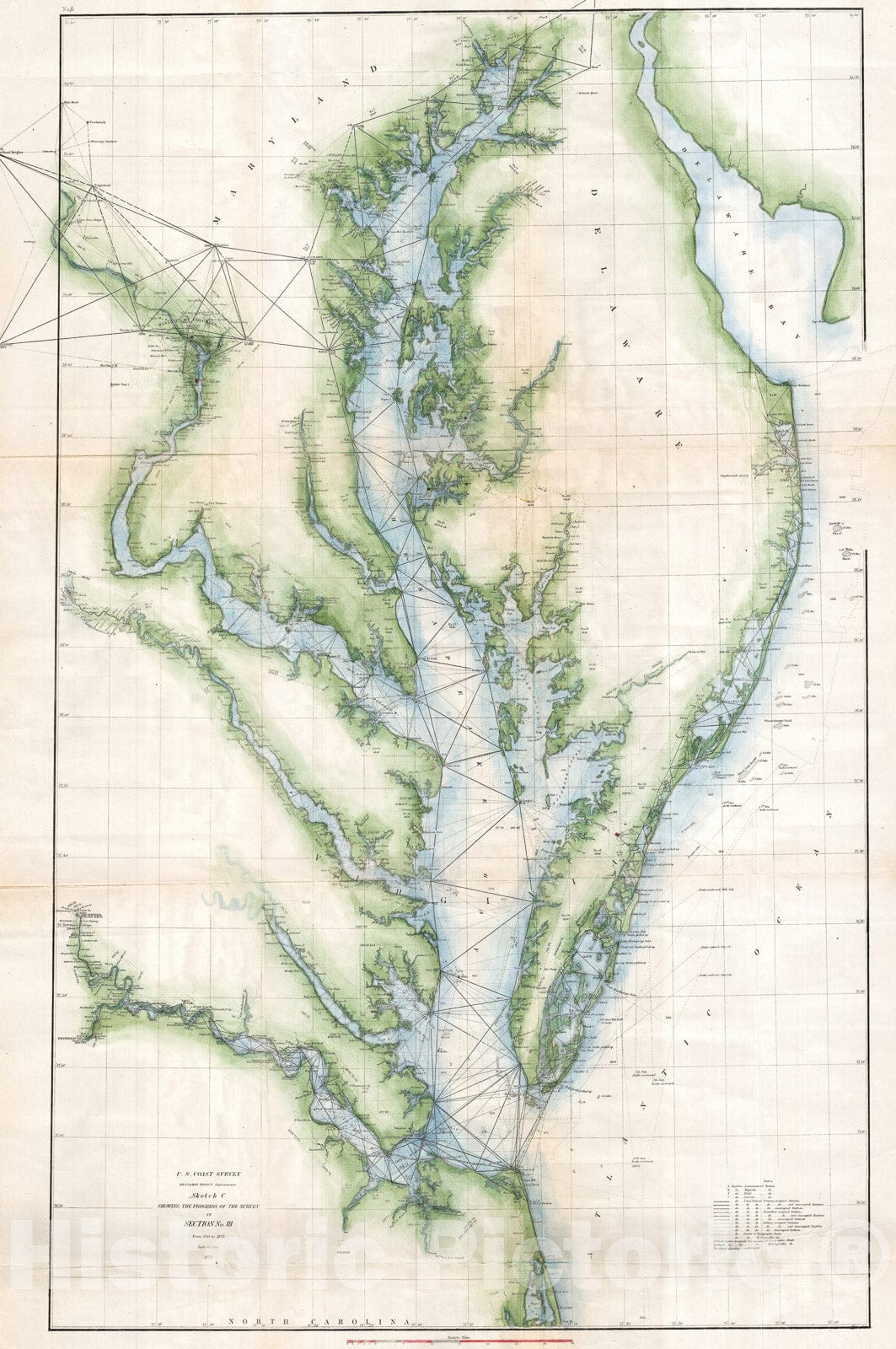 Historic Map : U.S. Coast Survey Chart or Map of The Chesapeake Bay and Delaware Bay, Version 2, 1873, Vintage Wall Art