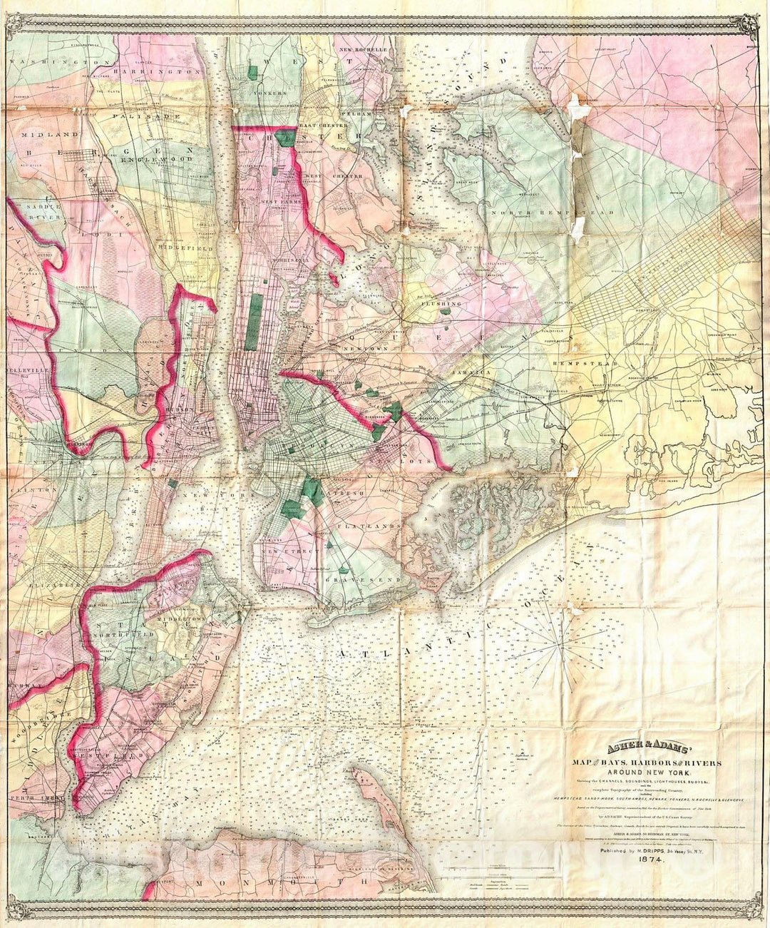 Historic Map : Dripps Map of The Bays, Harbors and Rivers Around New York City, New York , 1874, Vintage Wall Art