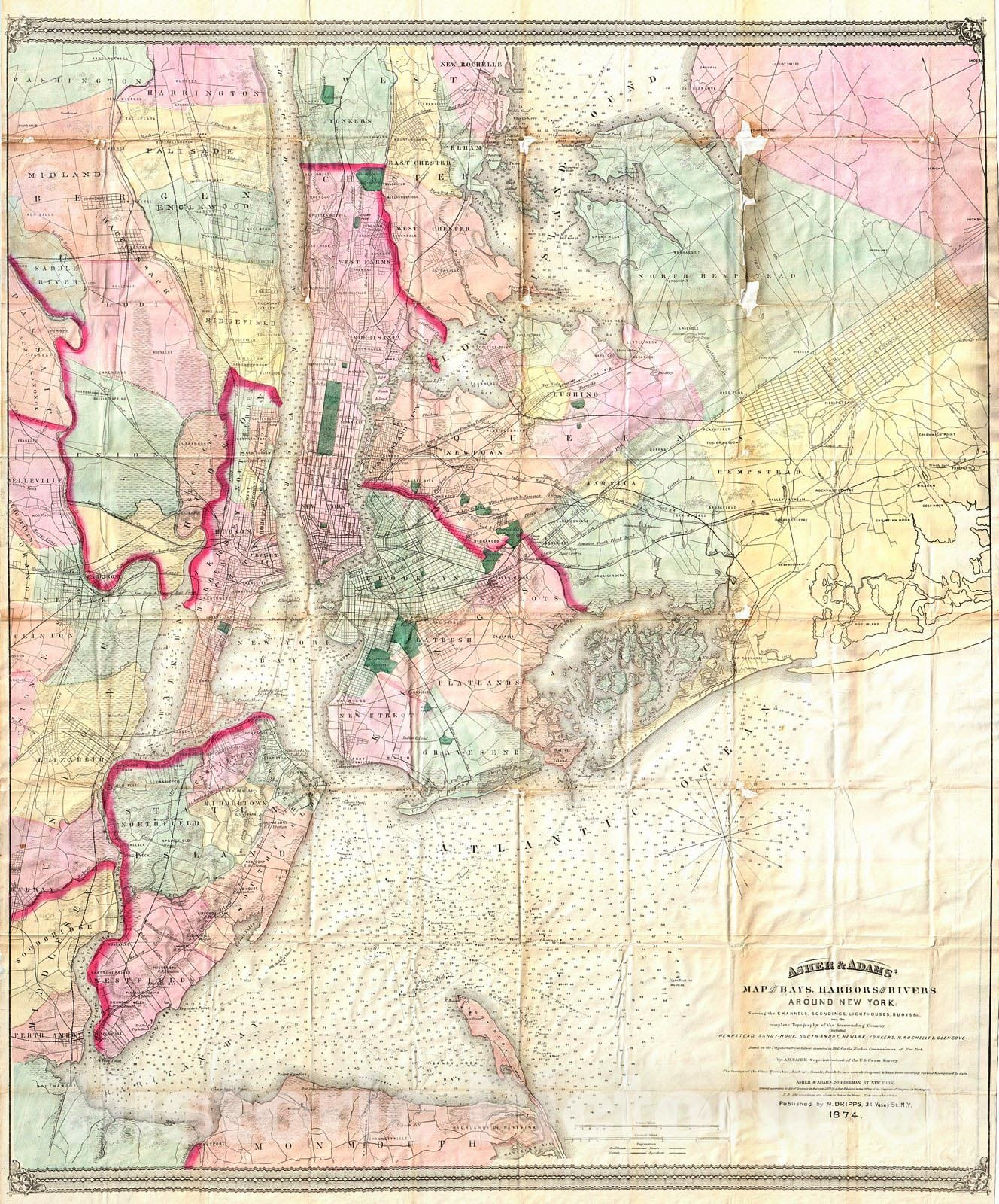 Historic Map : Dripps Map of The Bays, Harbors and Rivers Around New York City, New York , 1874, Vintage Wall Art