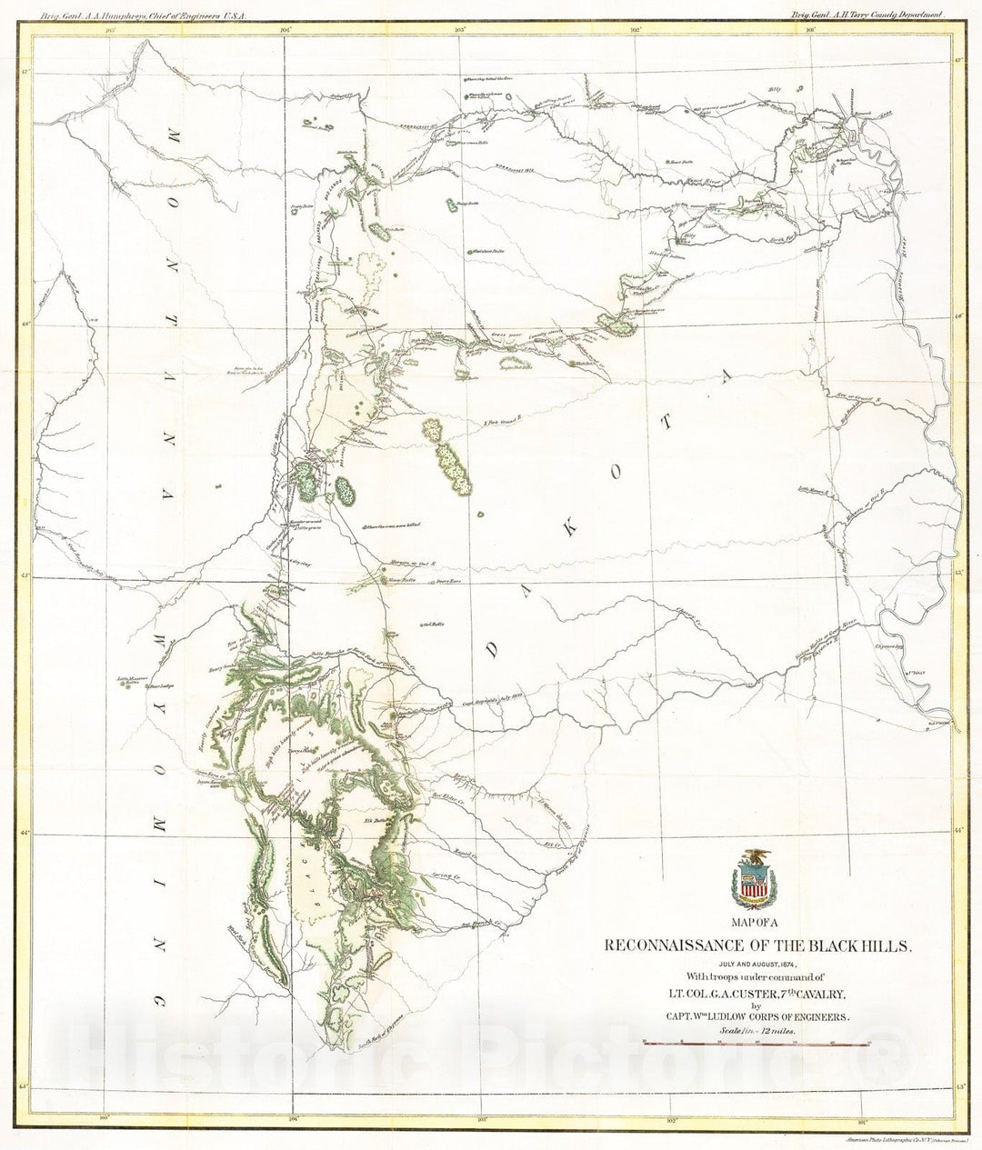 Historic Map : Ludlow and Custer Map of The Black Hills , 1874, Vintage Wall Art