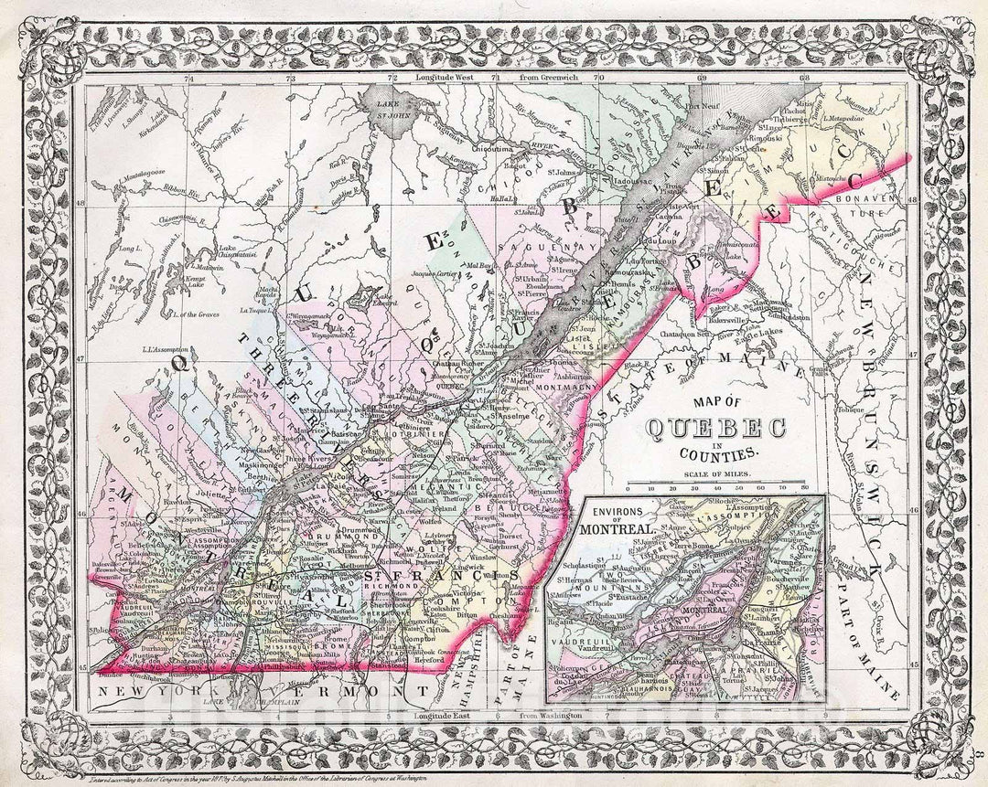 Historic Map : Mitchell Map of Quebec, Canada , Version 2, 1874, Vintage Wall Art