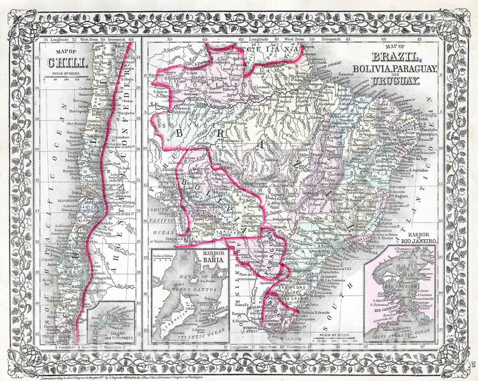 Historic Map : Mitchell Map of South America, Brazil, Bolivia, Papaguay, Uruguay and Chili. , 1874, Vintage Wall Art