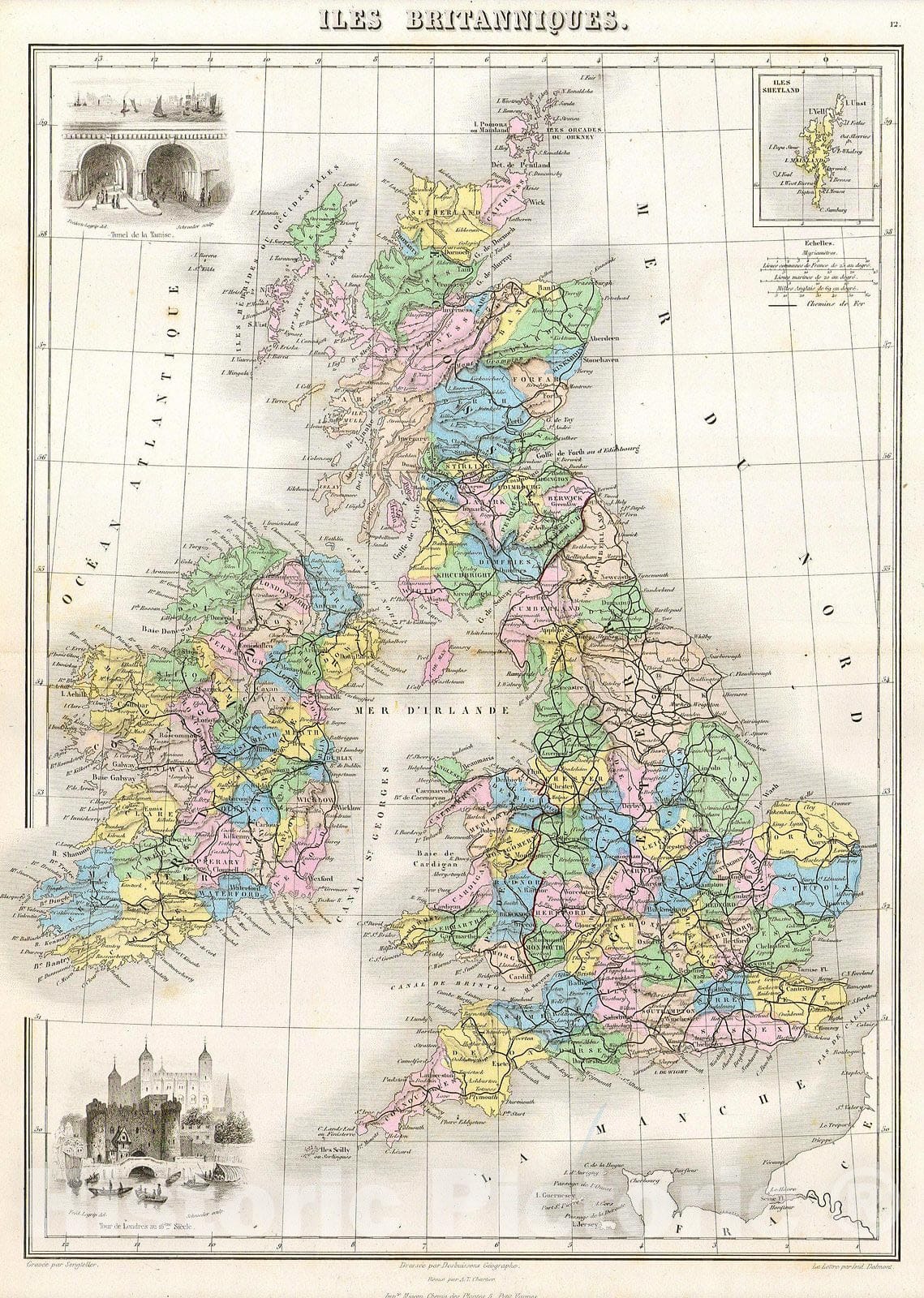 Historic Map : Migeon Map of The British Isles (England, Ireland, Scotland), 1878, Vintage Wall Art