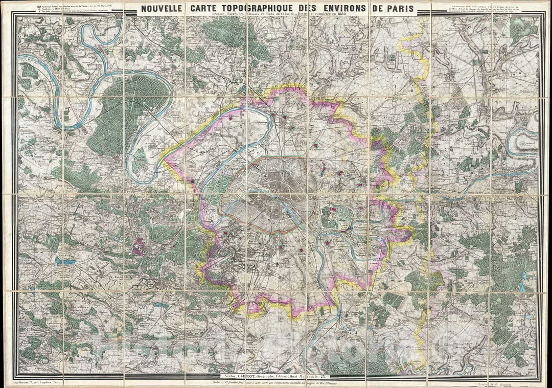 Historic Map : Clerot Pocket Map of Paris and Environs, France, 1880, Vintage Wall Art