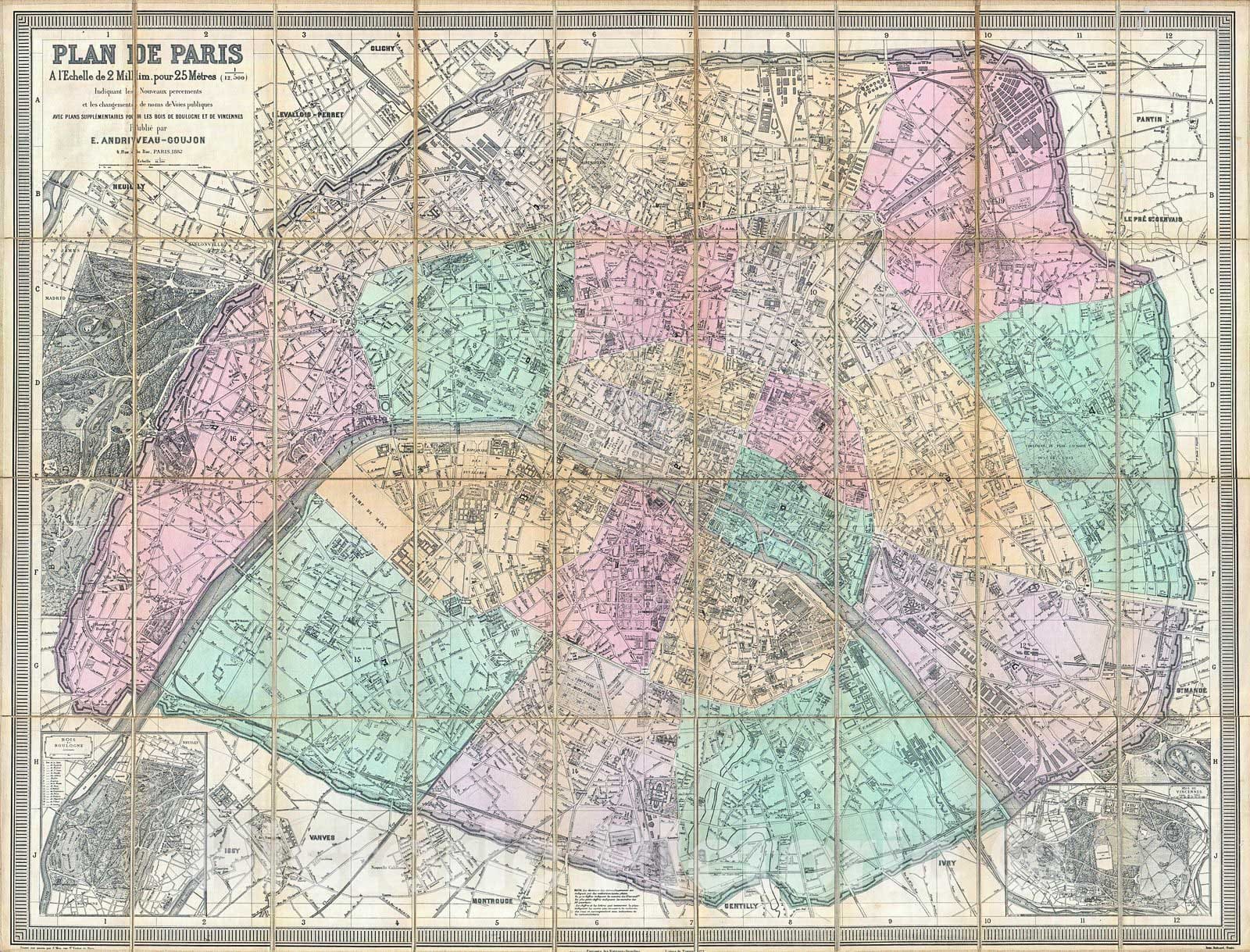 Historic Map : Andriveau, Goujon Pocket Map of Paris, France, Version 2, 1882, Vintage Wall Art