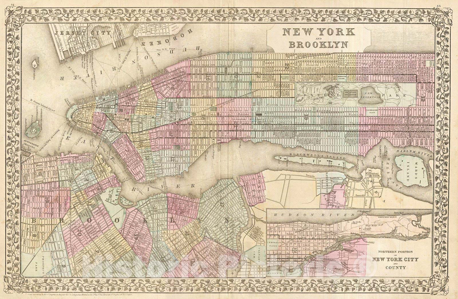 Historic Map : Mitchell Map of New York City, New York, Version 3, 1882, Vintage Wall Art