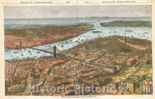 Historic Map : German Map View of Lower Manhattan, The Brooklyn Bridge, and Brooklyn, 1883, Vintage Wall Art