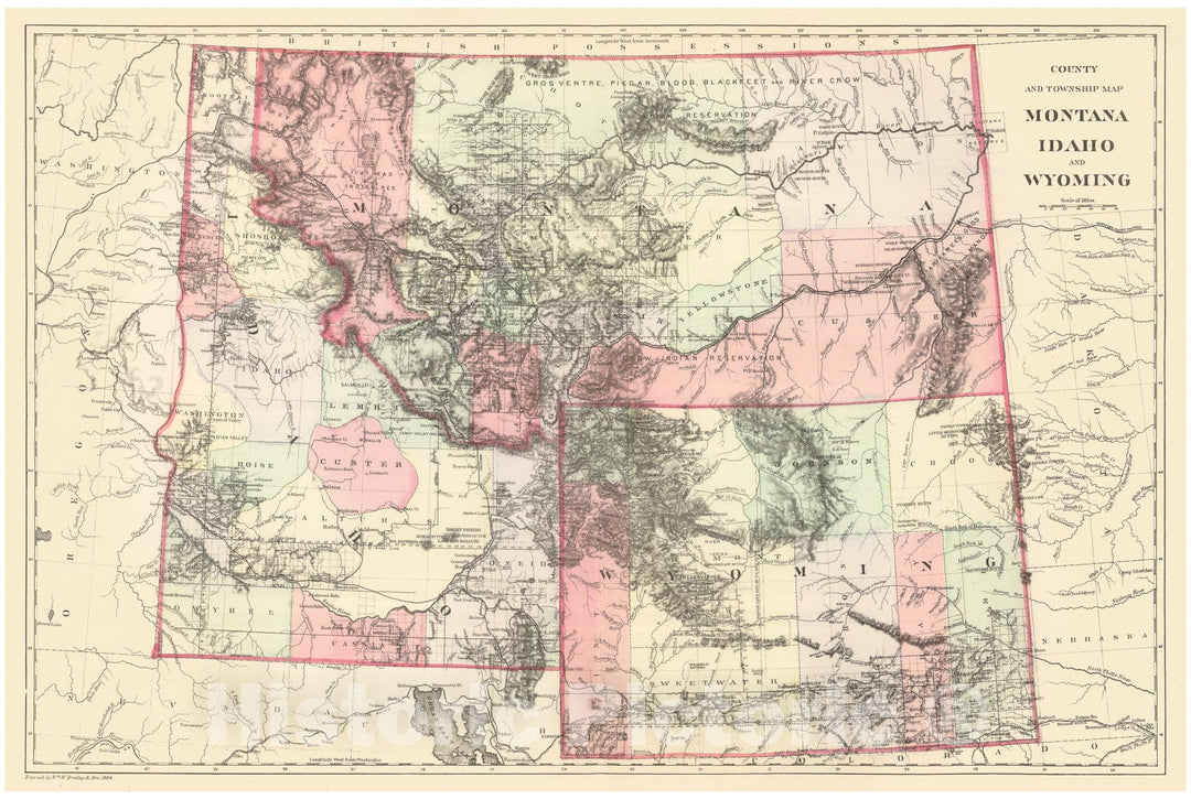 Historic Map : Bradley Map of Montana, Wyoming and Idaho, 1884, Vintage Wall Art