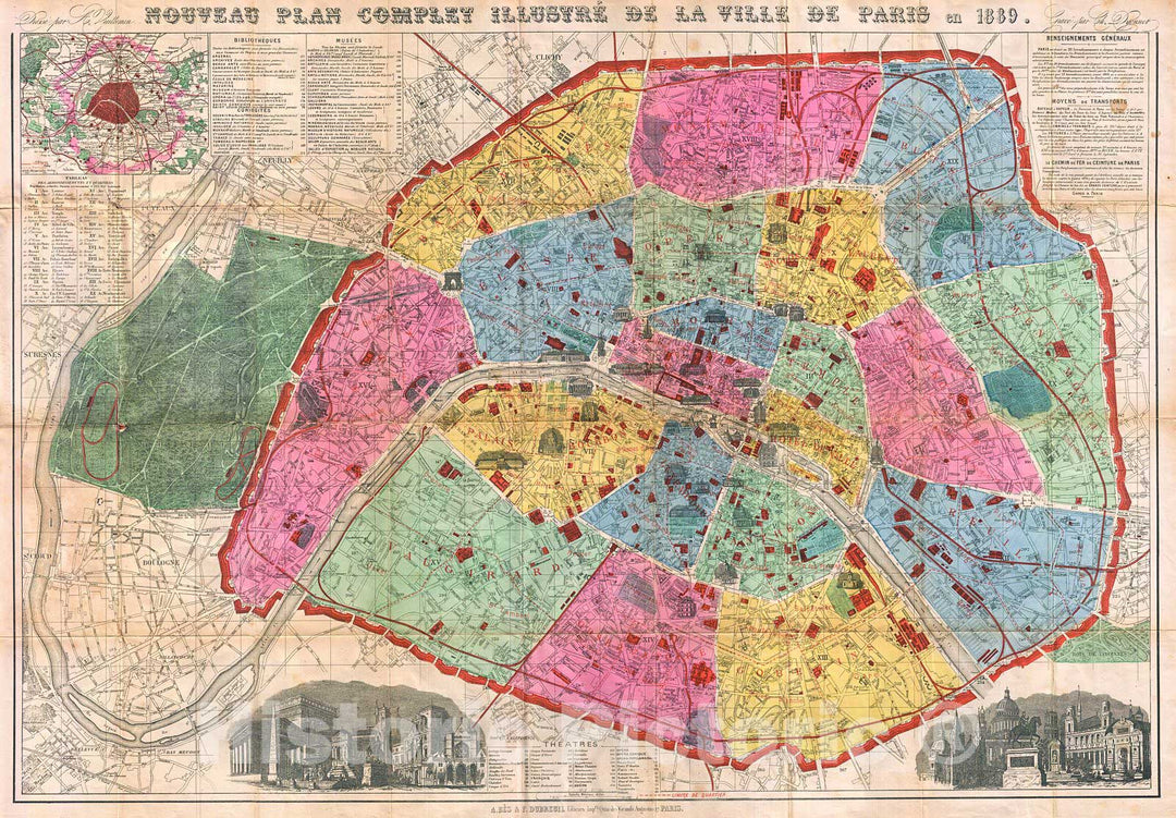 Historic Map : Vuillemin Map of Paris, France, 1889, Vintage Wall Art