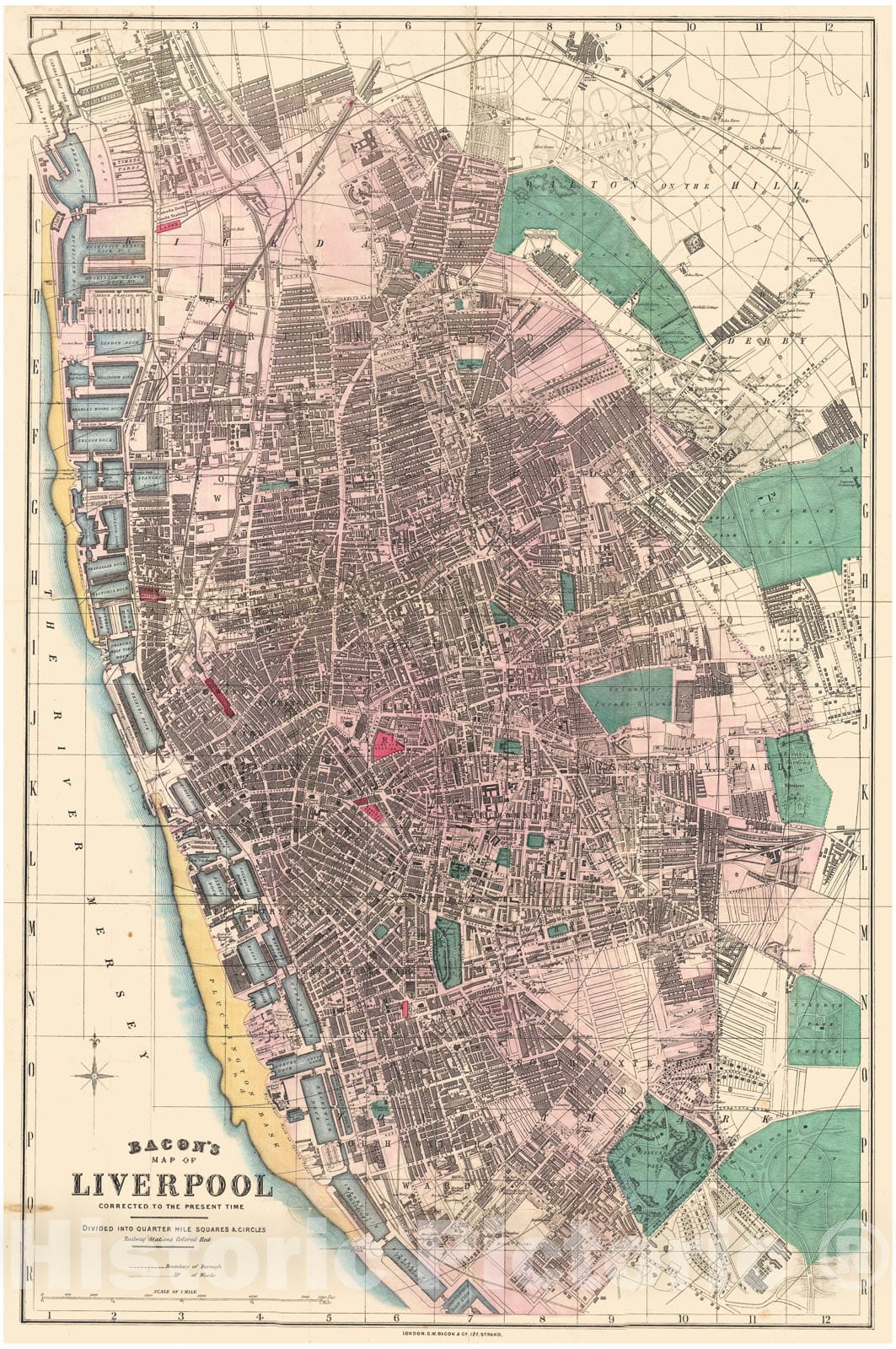 Historic Map : Bacon Pocket Map of Liverpool, England, 1890, Vintage Wall Art