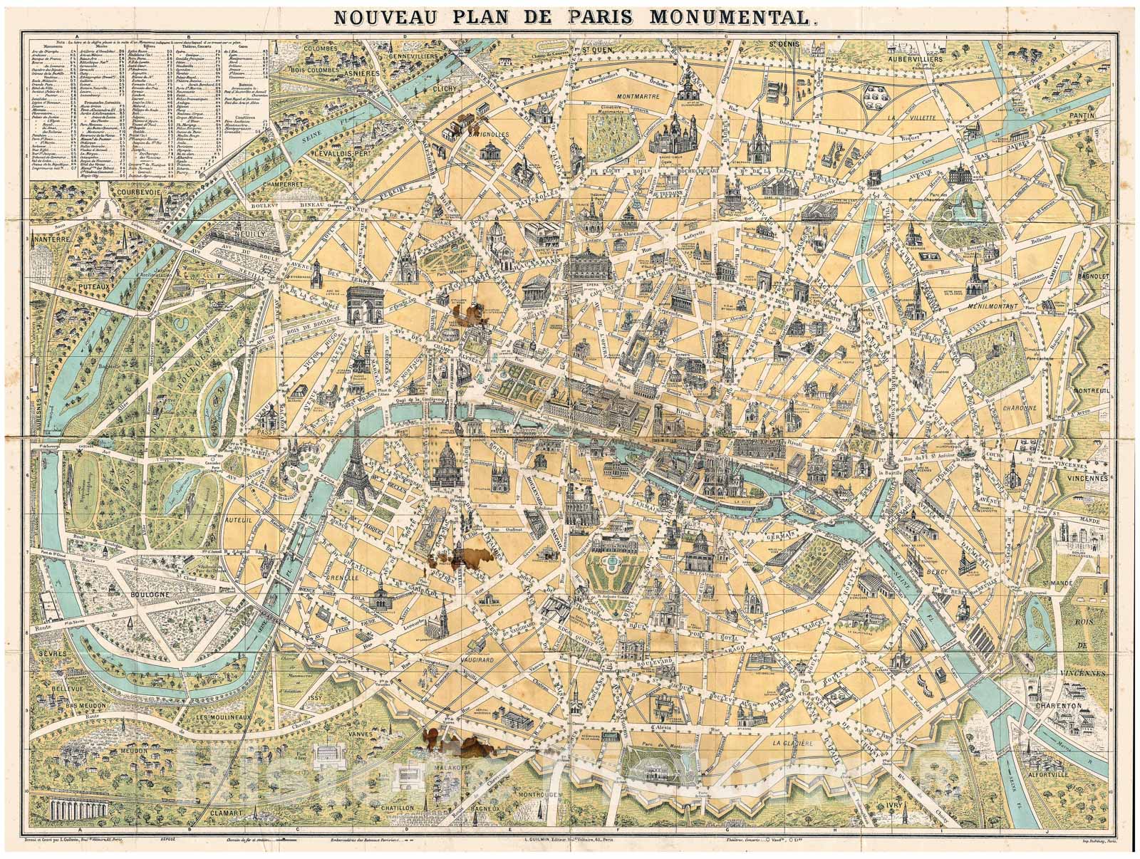 Historic Map : Guilmin map of Paris, France, Monuments, 1890, Vintage Wall Art