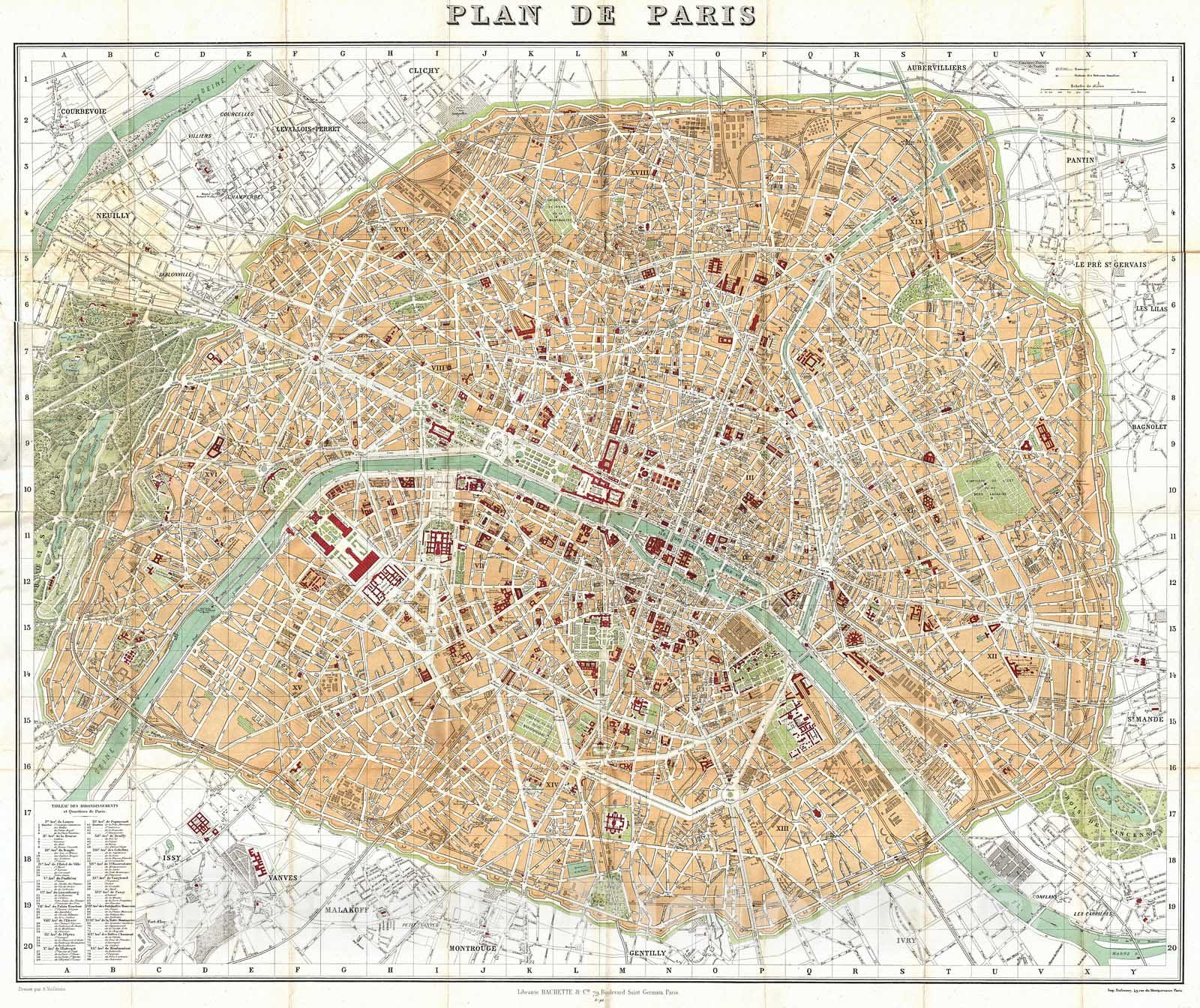 Historic Map : Hachette Plan or Pocket Map of Paris, France , 1892, Vintage Wall Art