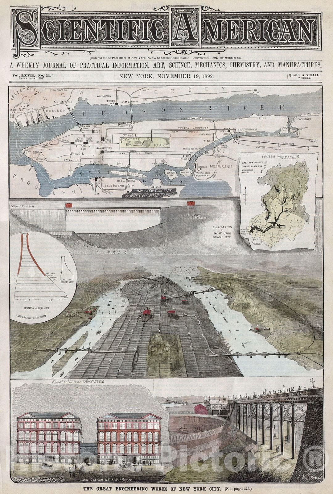 Historic Map : Scientific American Map and View of New York City, 1892, Vintage Wall Art