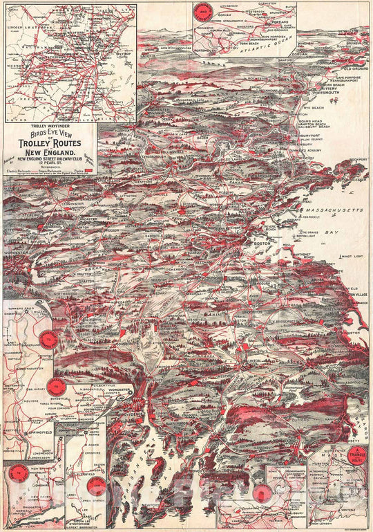 Historic Map : Walker Trolley Map and View of New England Centered on Boston, 1898, Vintage Wall Art