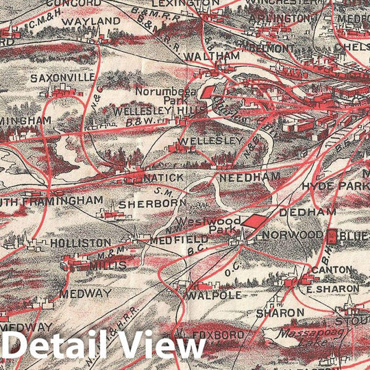 Historic Map : Walker Trolley Map and View of New England Centered on Boston, 1898, Vintage Wall Art